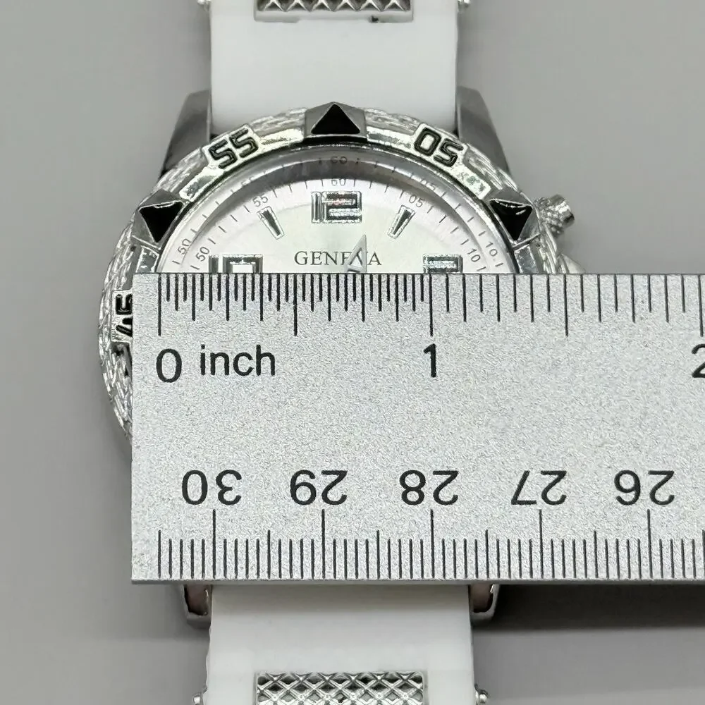 Geneva Mens Silver Tone Chronograph Style Watch White Silicone Sport Band